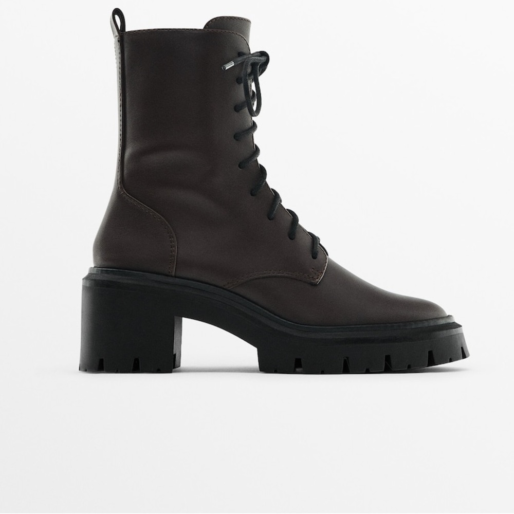NWT. Massimo Dutti Brown Leather Lace-Up Track Sole Boots. Run large, 6-6.5
